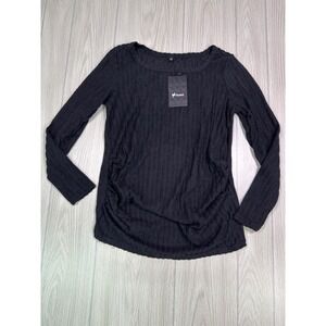 Ficerd Maternity Top Black Ribbed Long Sleeve Ruched Side Scoop Neck Size M NWT